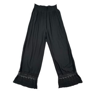 Goa Beachwear Japna Black Smocked Waist Wide Leg Pants Size XS Boho Crochet Trim
